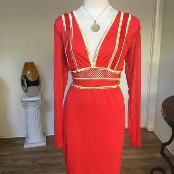 CBR Pencil Short Dress Mesh Long Sleeve Gold Trim V-Neck Bodycon Party Red XL - Picture 2 of 10